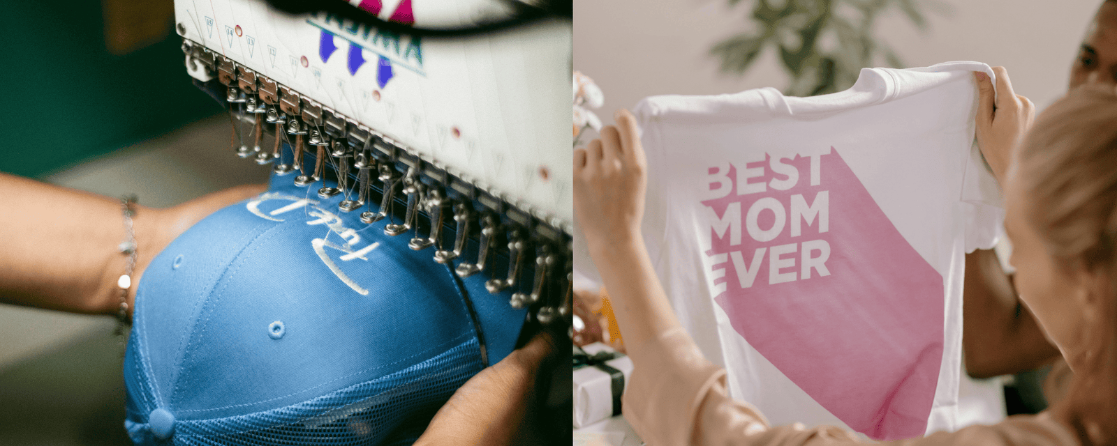 Split view of embroidered polo and full-color DTG T-shirt print